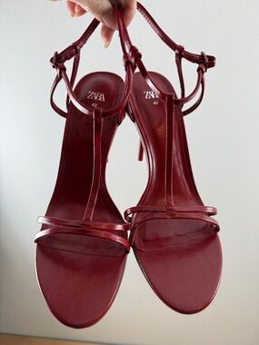 ZARA Deep Red Patent Strappy High-Heel Sandals with Matching Bag
